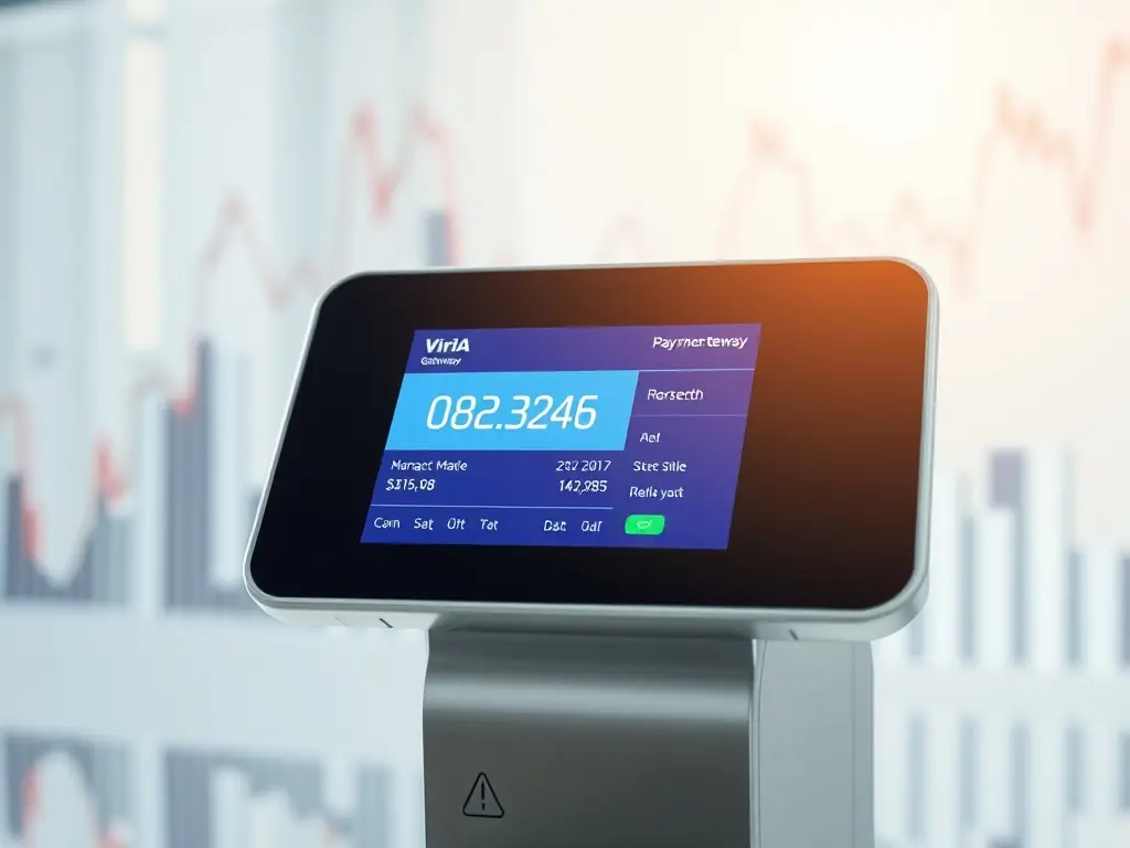 A sleek payment terminal with digital transaction visuals and a secure payment gateway interface, illustrating FastRise's Payment System Implementation services.