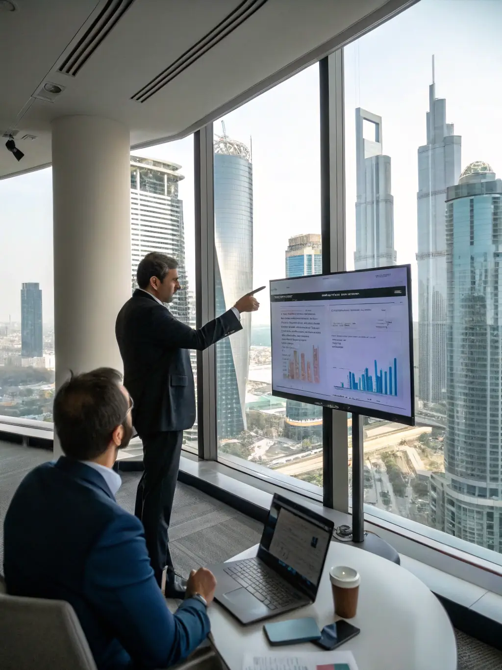 A professional photo of a consultant explaining AI concepts to a client in a modern office setting, emphasizing clarity and understanding.
